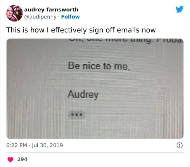Tweet showing an email sign-off that simply reads be nice to me.