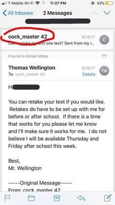 Student with a crude email username politely answered by a teacher about retaking a test.