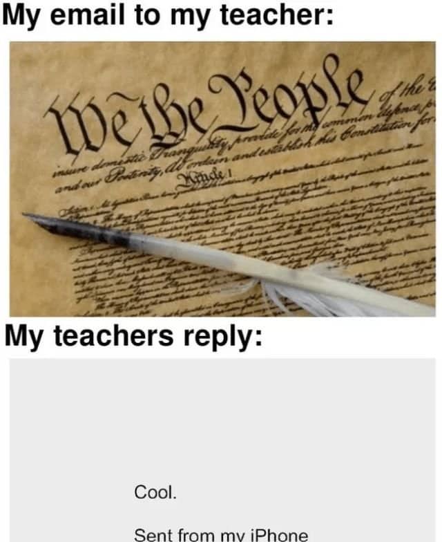 Meme contrasting a student's Constitution-style email to a teacher with a one-word reply.