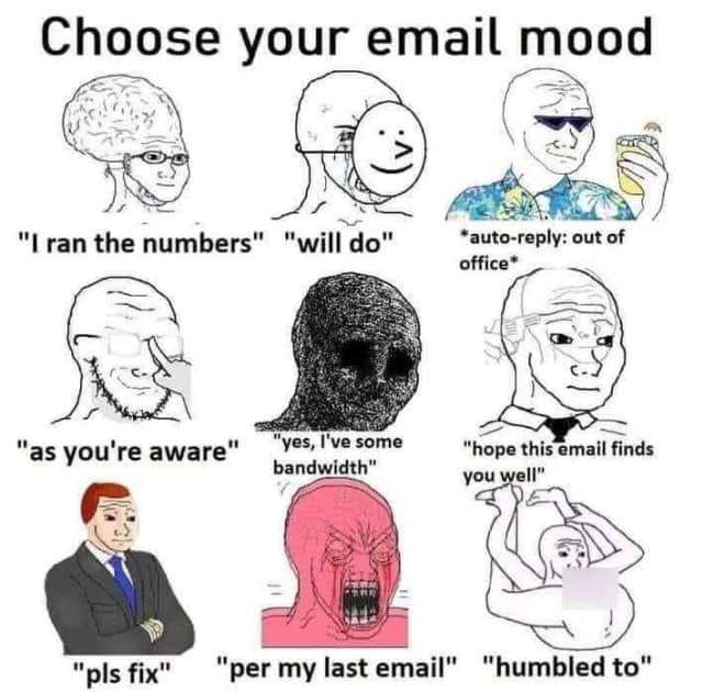 Wojak chart labeling email moods, from pls fix to per my last email.