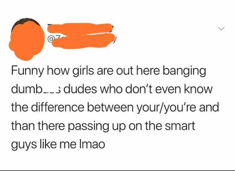 Tweet from a self-described smart guy misusing 'than' and 'there' while mocking bad grammar.