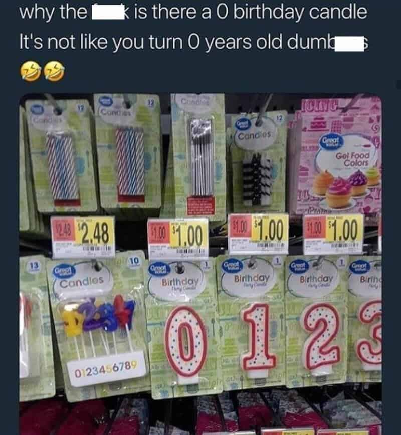 Tweet mocking a zero-shaped birthday candle beside a store shelf of number candles.