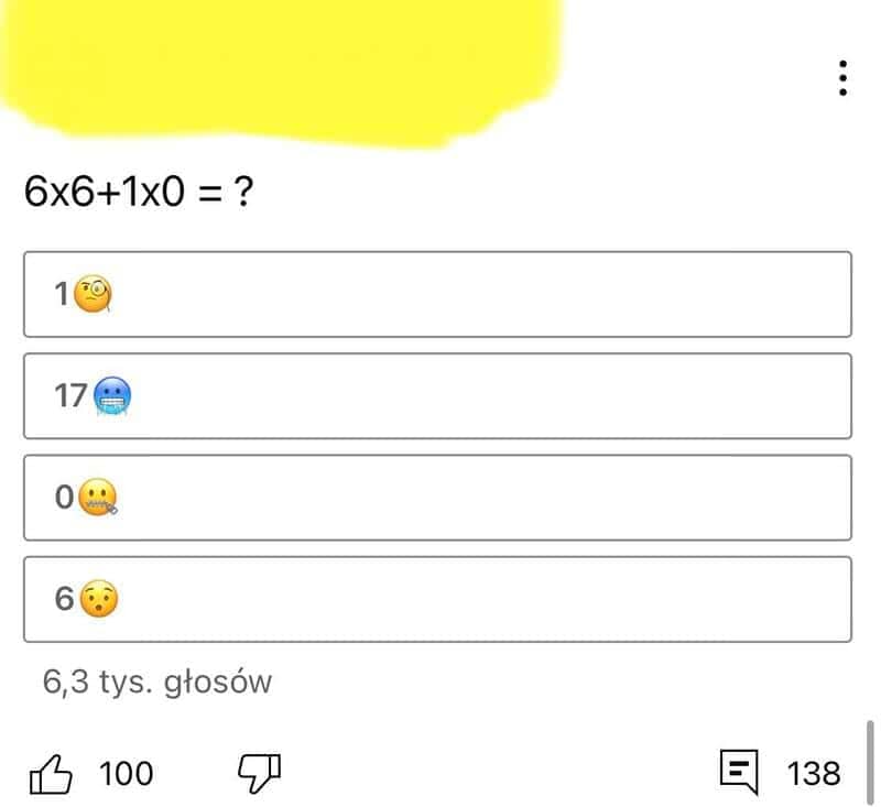 Online math poll for 6x6+1x0 where none of the four answer choices is correct.