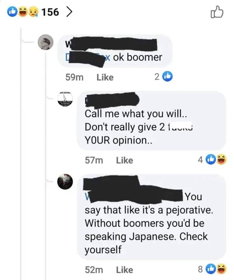 Facebook comment claiming that without boomers everyone would be speaking Japanese.