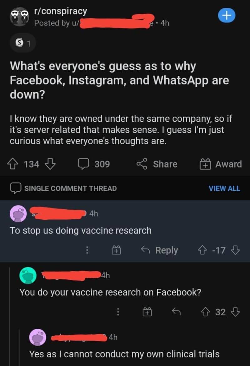 Reddit thread where a user says they do vaccine research on Facebook instead of clinical trials.