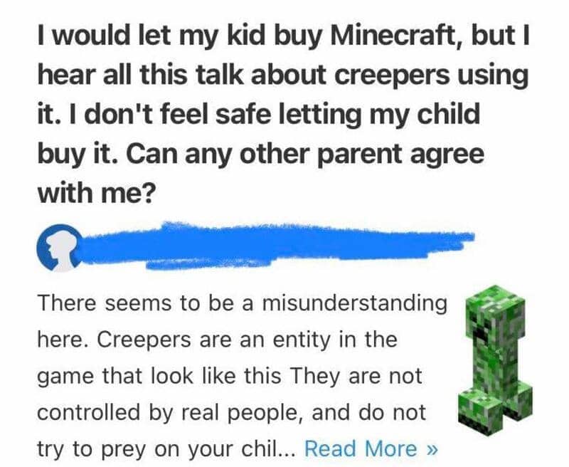 Parent worried about 'creepers' in Minecraft, answered with a picture of the blocky green game character.