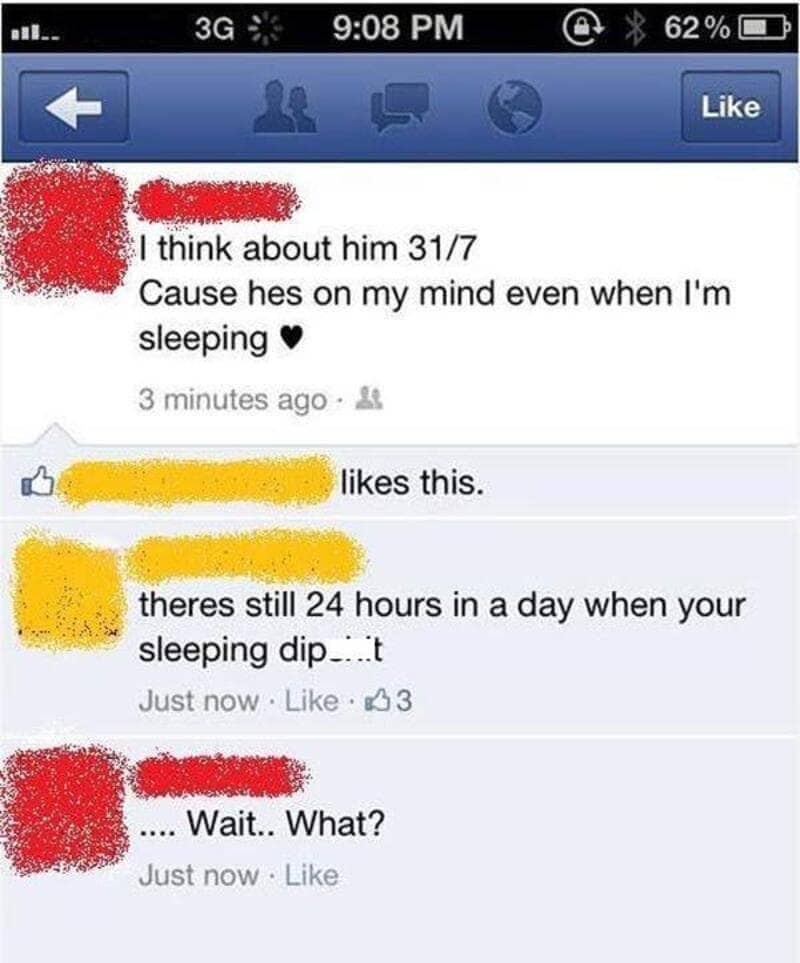 Facebook post saying 'I think about him 31/7' followed by an equally confused correction.