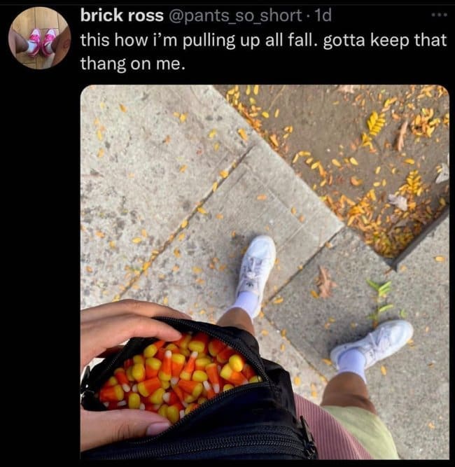 Fanny pack full of candy corn held open on a leaf-covered sidewalk, ready for fall.