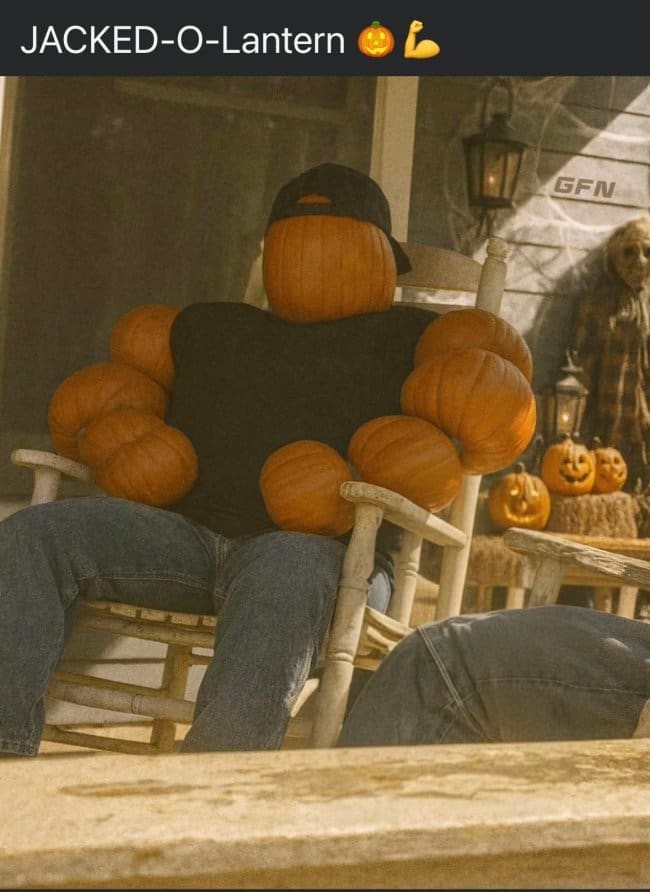Pumpkin figure with a ball cap and pumpkin muscles sitting in a porch rocking chair.