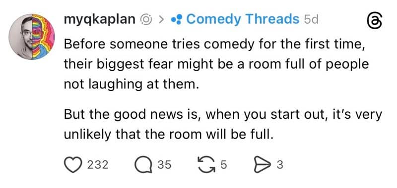 Second screenshot of the same Threads post about first time comics and empty rooms