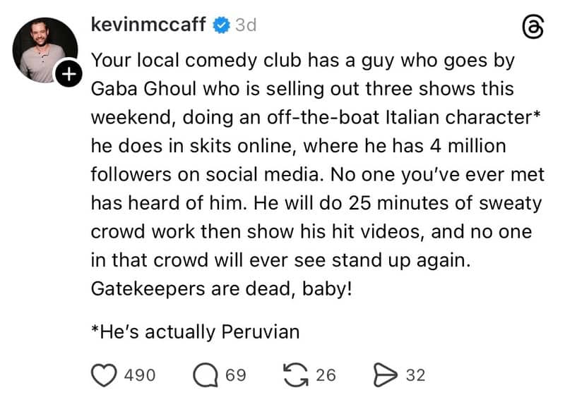 Long Threads post mocking an internet sketch character who sells out comedy club shows with crowd work