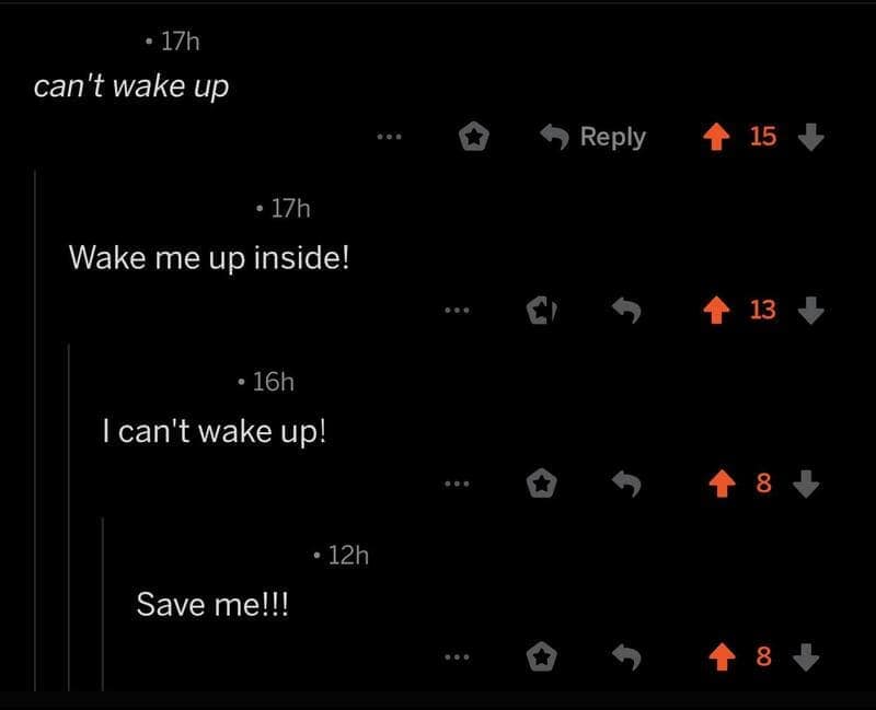 Funny comments thread where a sleepy remark becomes an Evanescence chorus.