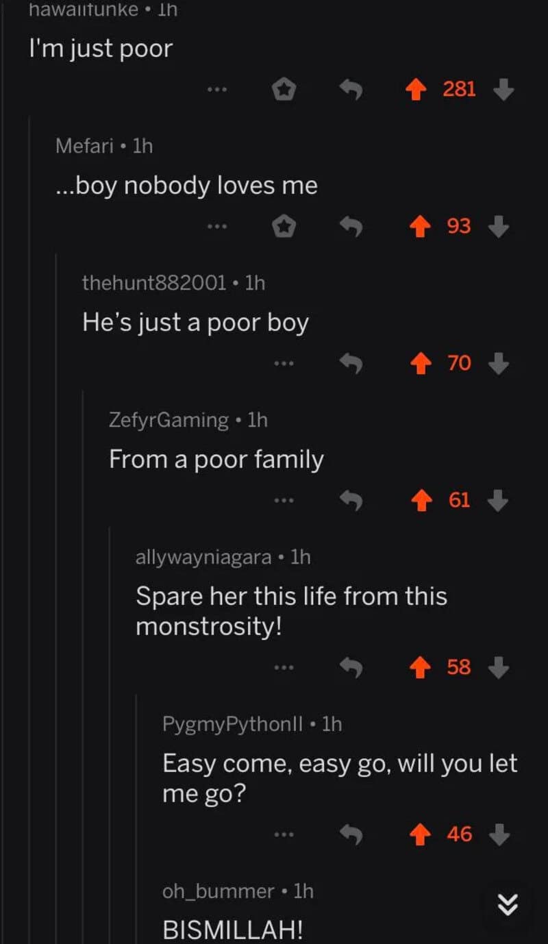 Comment chain that turns someone saying they're poor into Bohemian Rhapsody lyrics.