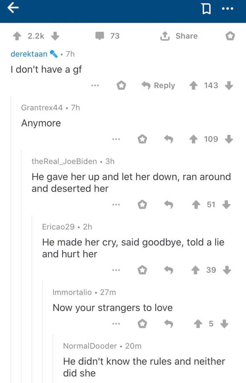 Reply chain turning a man saying he has no girlfriend into Rick Astley lyrics.