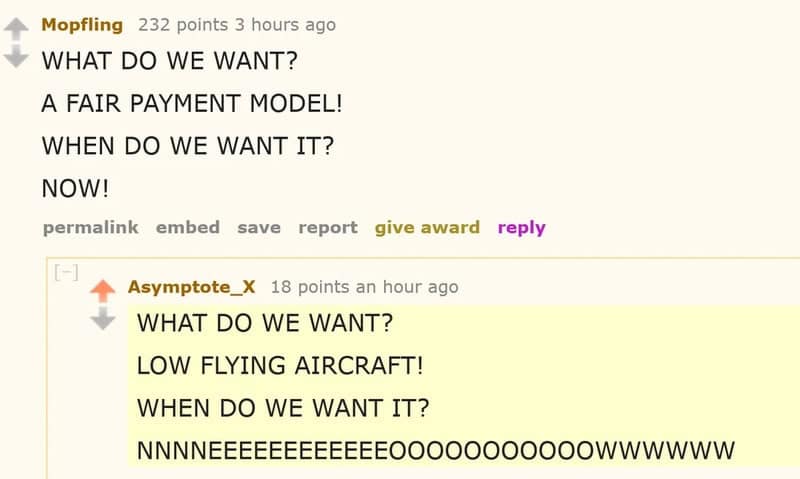 Funny comments exchange where a protest chant turns into a low flying aircraft noise.