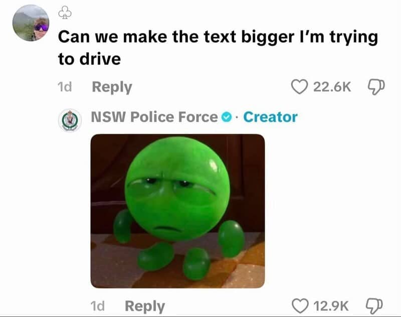 Comment asking to make text bigger while driving, with NSW Police replying with an unimpressed green ball.