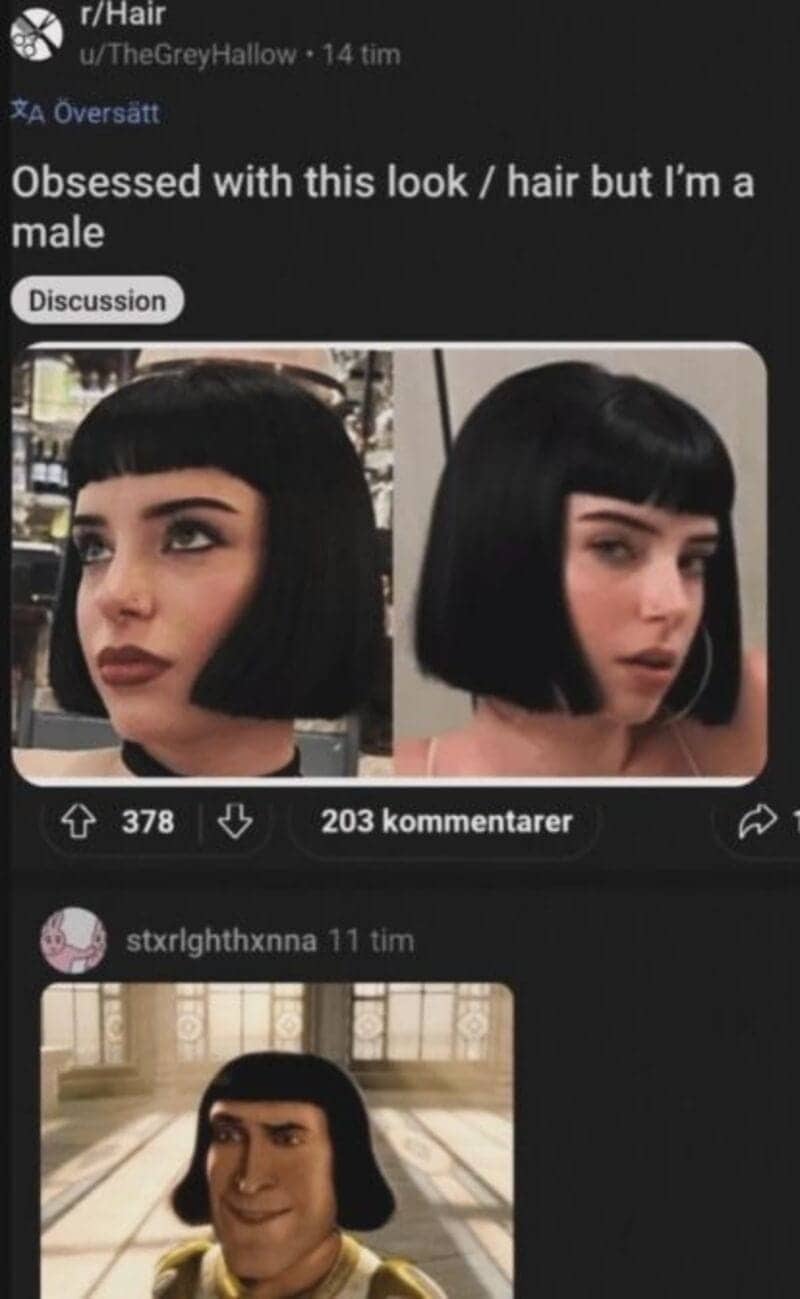 Reddit hair post admiring a sleek black bob, with a reply showing the Lord Farquaad cartoon character.