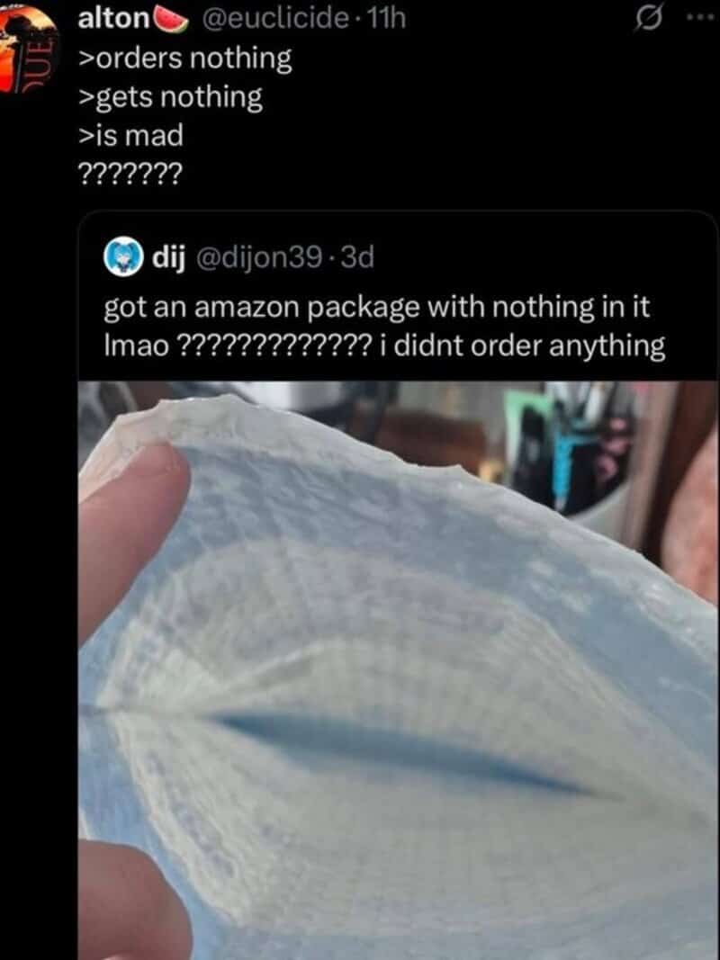 Tweet about an empty Amazon package nobody ordered, summed up as orders nothing, gets nothing.