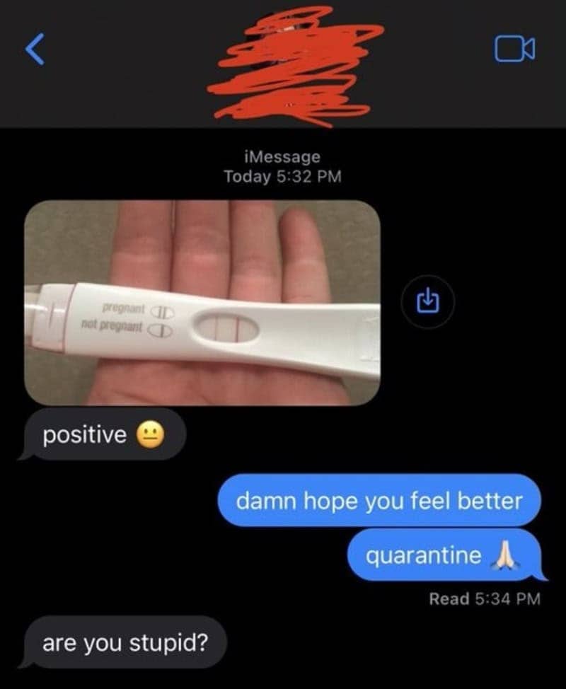 Text thread where a positive pregnancy test gets a reply wishing them well and urging quarantine.