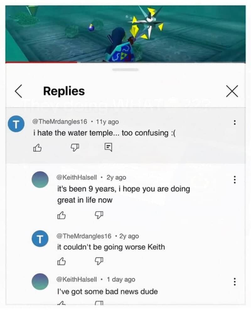 YouTube comment thread where a gamer who hated the water temple says life couldn't be worse years later.