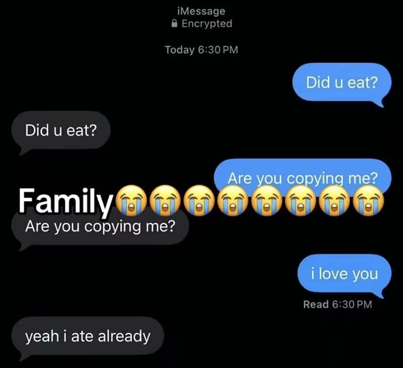 Text thread where a family member copies every message until the sender says I love you.