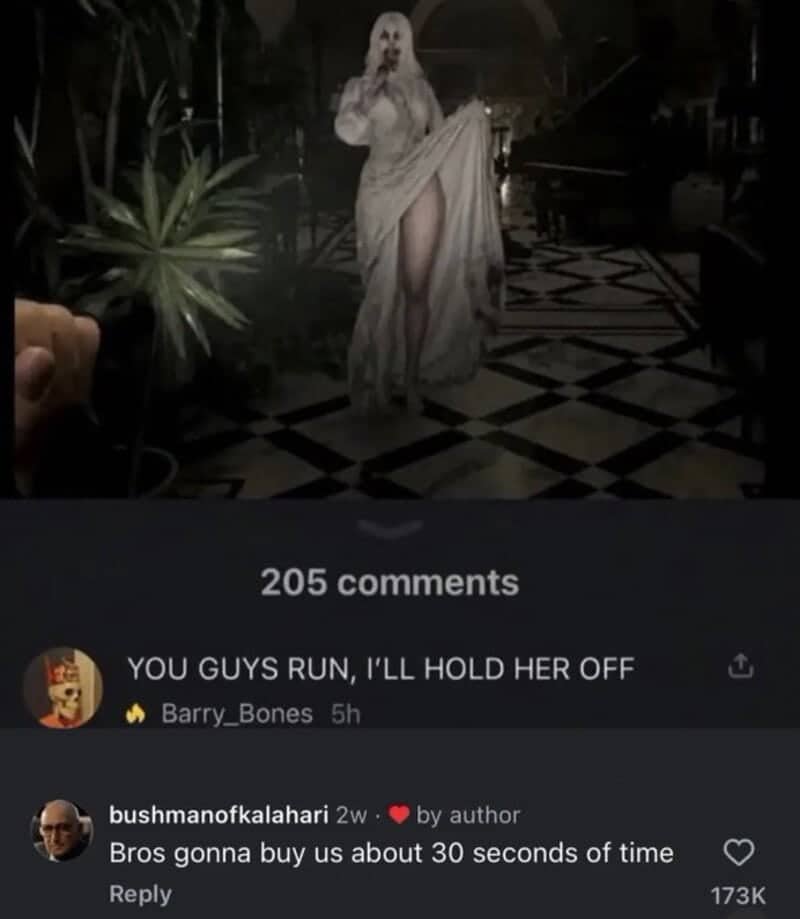 Woman in a flowing white gown in a dark hall, with commenters joking about holding her off.