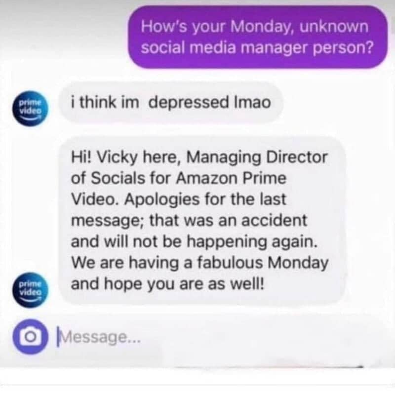 Direct messages where a brand account says it's depressed, then a manager sends a cheerful apology.