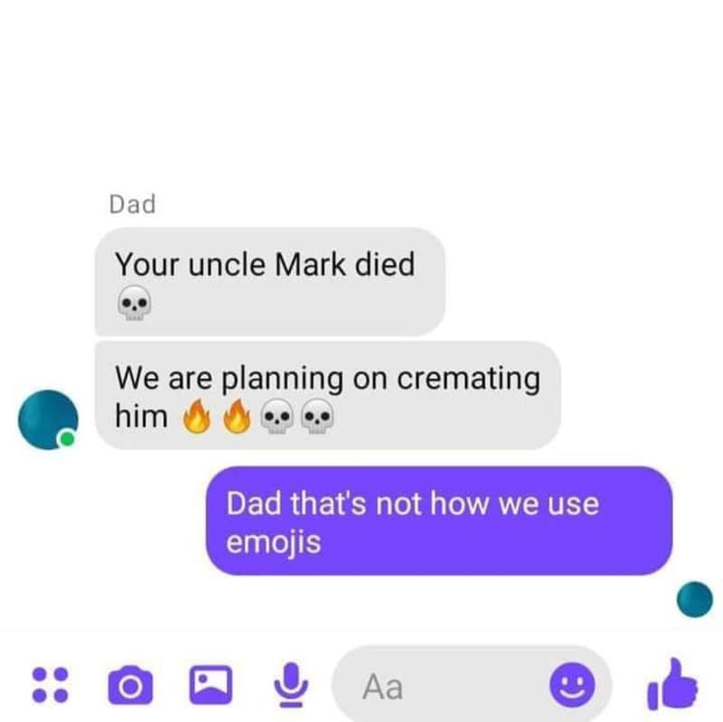 Dad texting about an uncle's death using skull and fire emojis while his kid corrects his emoji use.