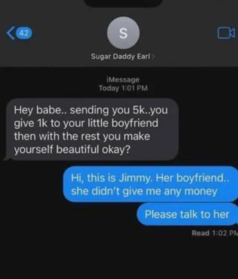 Text thread where a boyfriend replies to a sugar daddy, saying he never got his share of money.