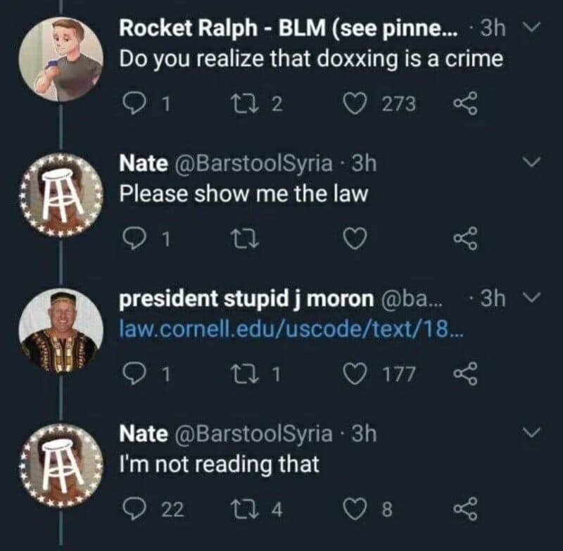 Twitter thread where someone asks for proof that doxxing is a crime, then refuses to read the link.