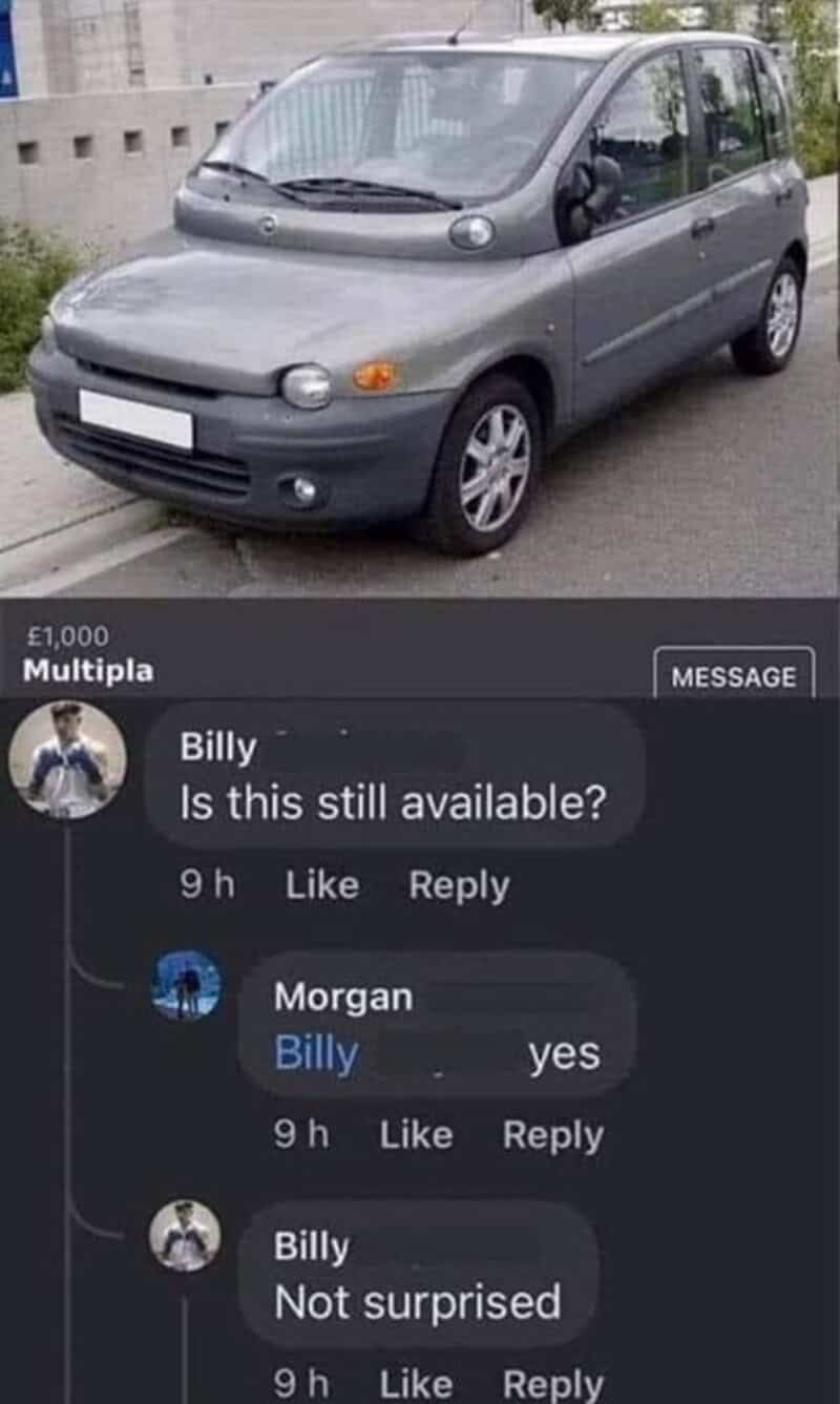 Marketplace listing for a gray Fiat Multipla, with a buyer replying he is not surprised it's available.