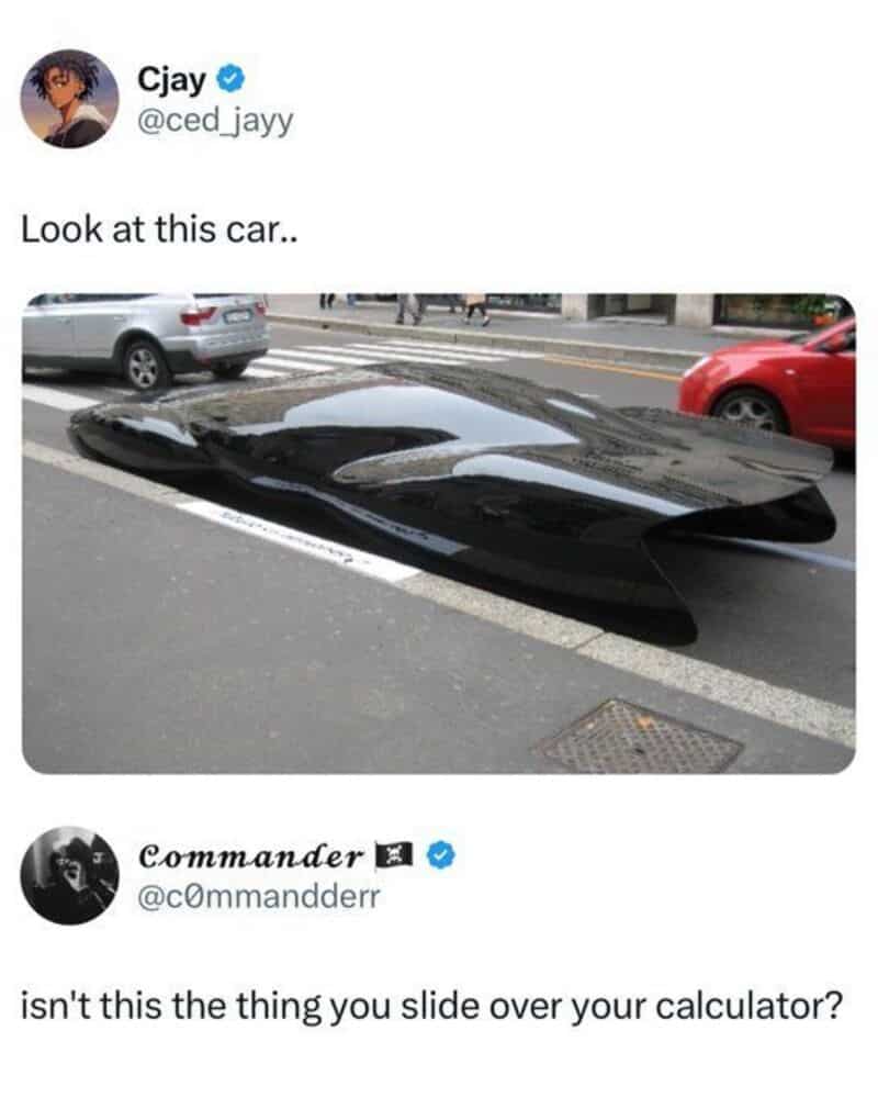 Tweet showing a sleek, flat black sports car, with a reply comparing it to a calculator cover.