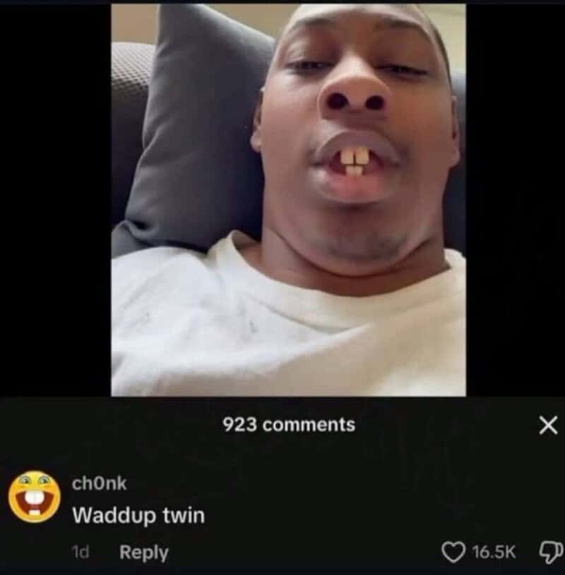 Man filming himself lying on a couch, with a buck-toothed emoji avatar commenting waddup twin.