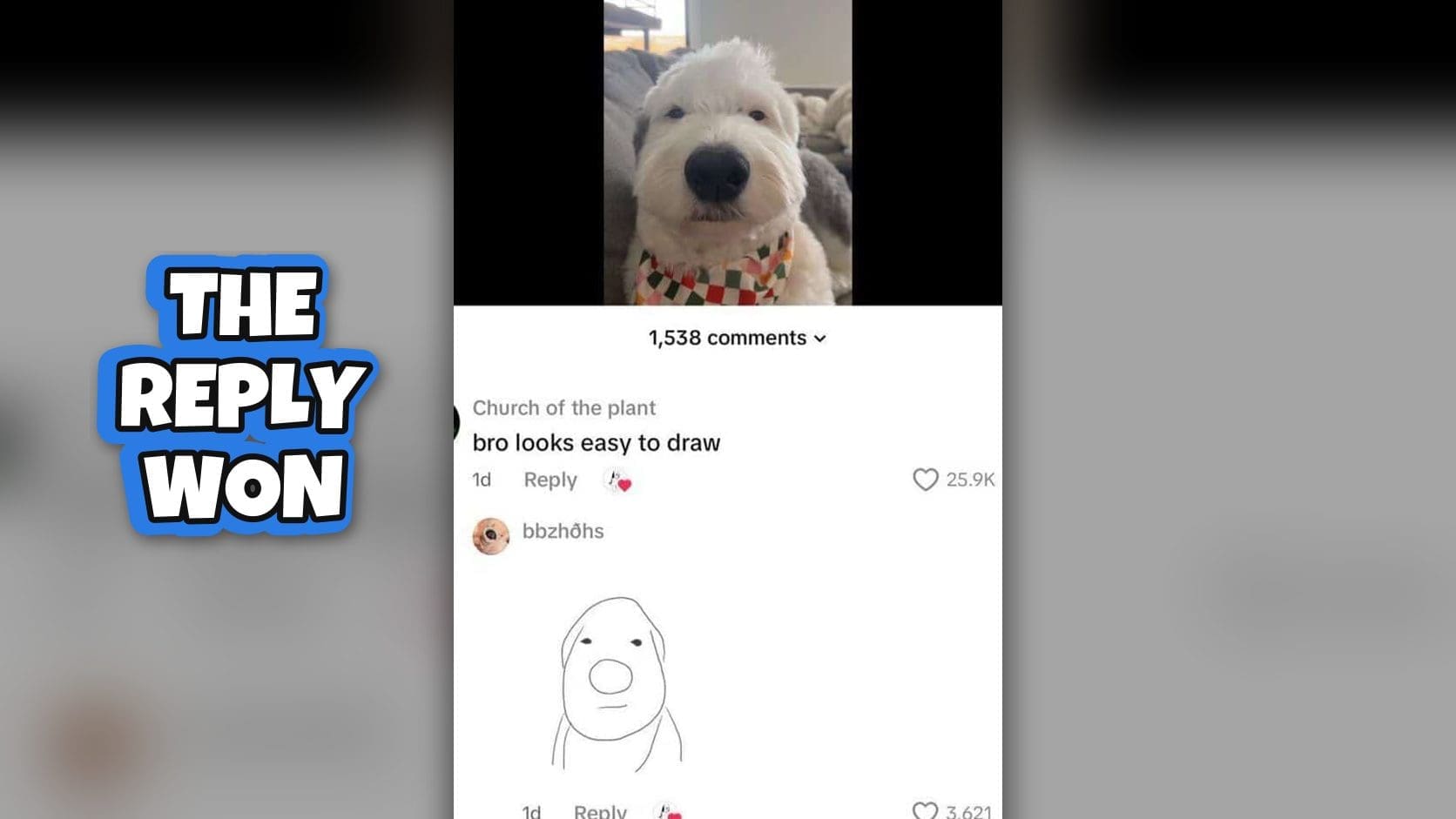 Fluffy white dog in a bandana beside a simple line drawing of its face posted as one of the funny replies.