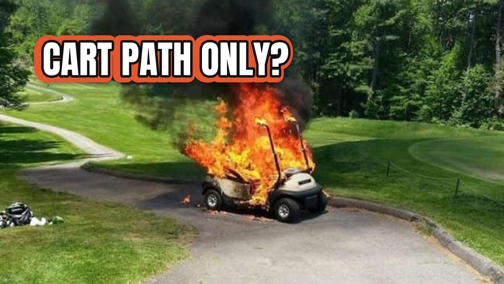 Golf cart engulfed in flames and black smoke on a course cart path, a fitting cover for golf memes about rough rounds.