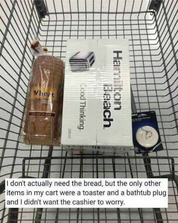 Shopping cart holding a toaster, a bathtub plug, and a loaf of bread bought as an alibi.