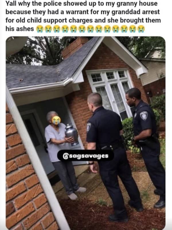 Grandmother answering the door holding a cremation urn while police officers stand outside with a warrant.