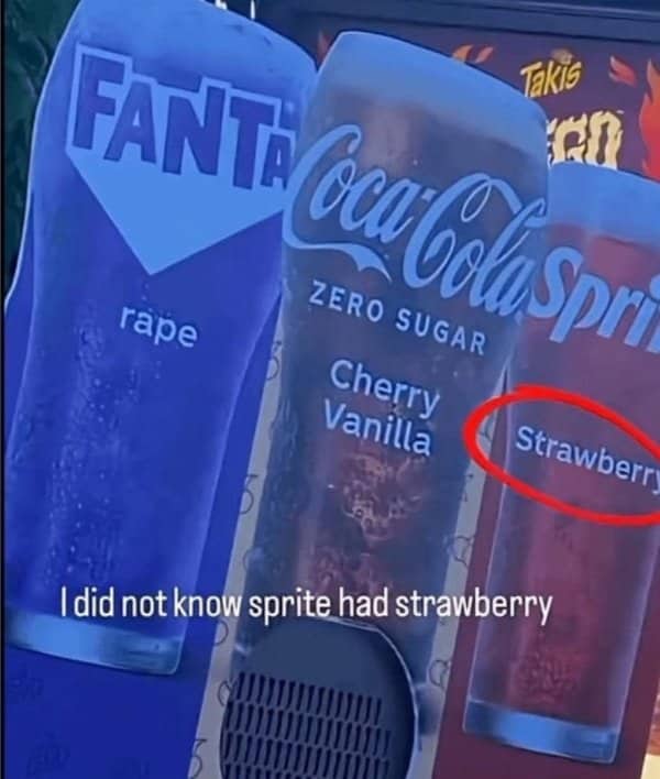 Soda fountain display showing Fanta, Coca-Cola Zero Cherry Vanilla, and a circled strawberry Sprite flavor.
