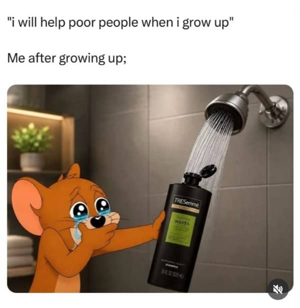 Cartoon mouse crying while holding a shampoo bottle under the shower to get the last drops.