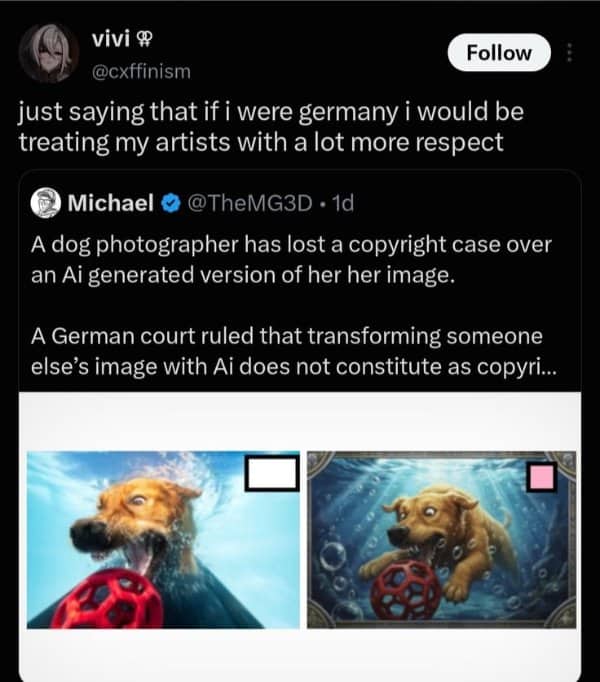 Tweet about a German court ruling on an AI version of a dog photo, showing both images.