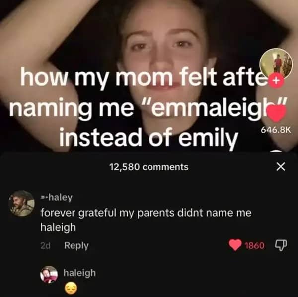 Young woman resting her arms on her head under text about being named Emmaleigh instead of Emily.