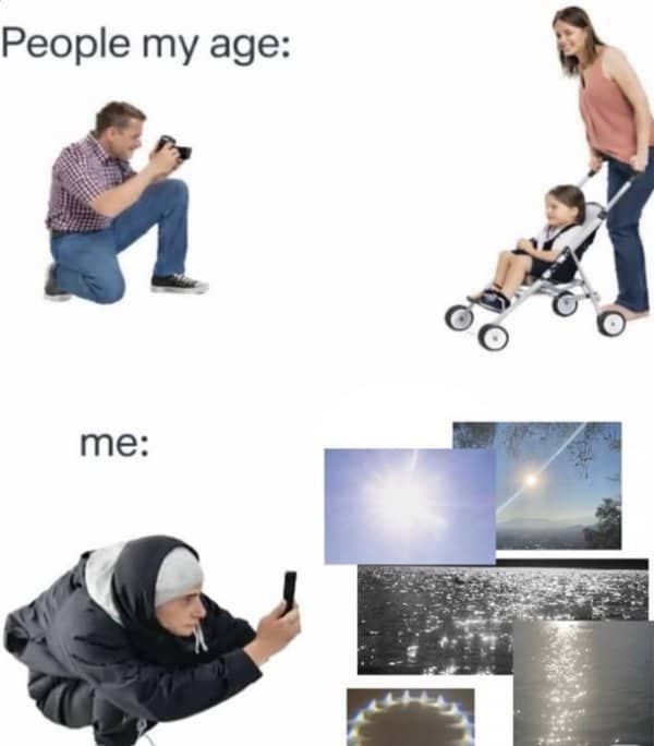 Meme contrasting people photographing their kids with a man photographing the sun and sparkly water.