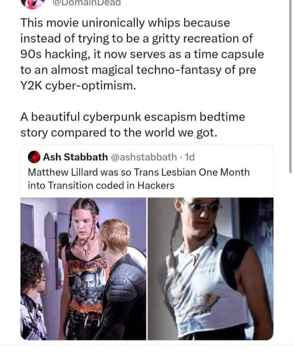 Tweet praising the movie Hackers as a nostalgic time capsule, with two stills of a character.