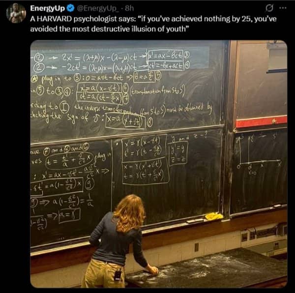 Tweet quoting a psychologist about achieving nothing by 25, above a woman at a chalkboard full of equations.