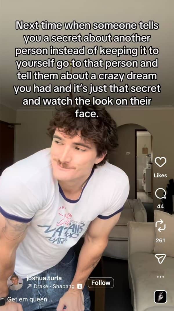 Smirking man with a mustache under text suggesting a sneaky dream trick for revealing secrets.