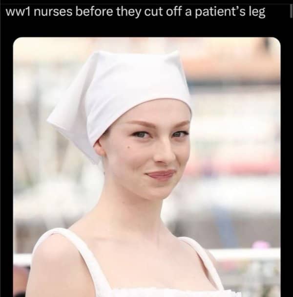 Woman in a white headscarf smiling sweetly beneath a dark joke about World War I nurses.