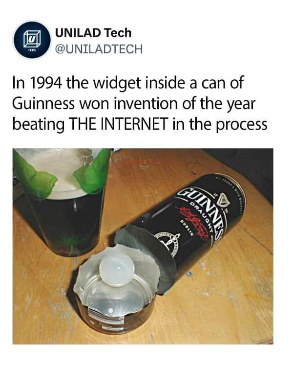 Tweet noting the Guinness can widget beat the internet for invention of the year in 1994.