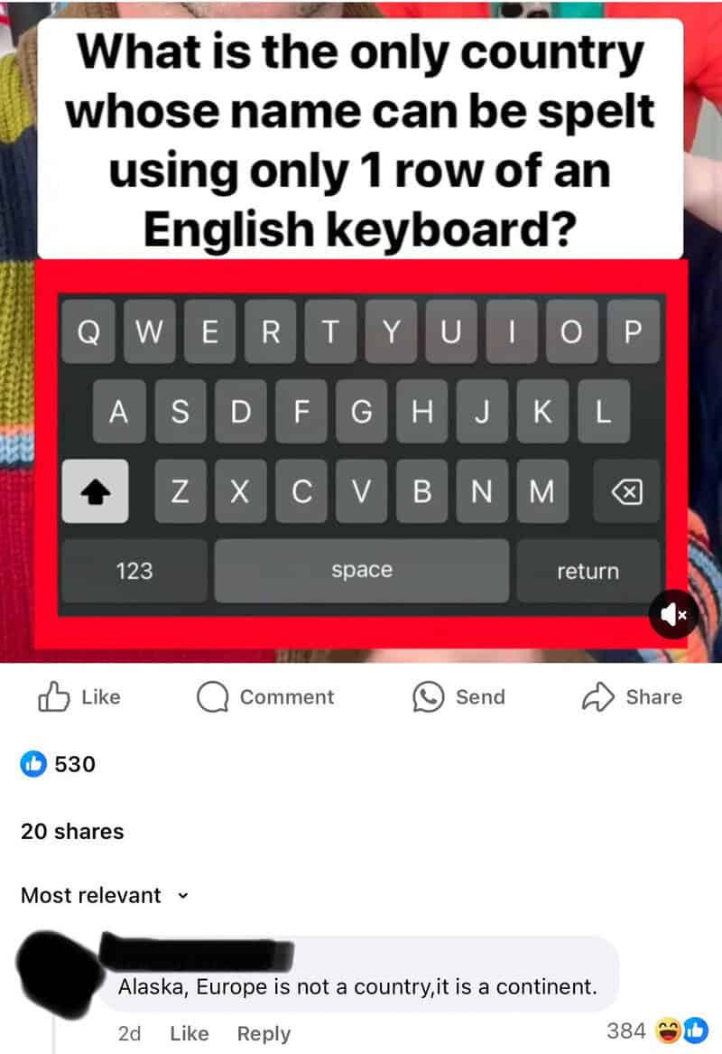 Keyboard puzzle about spelling a country using one row, answered with Alaska and a continent lecture.