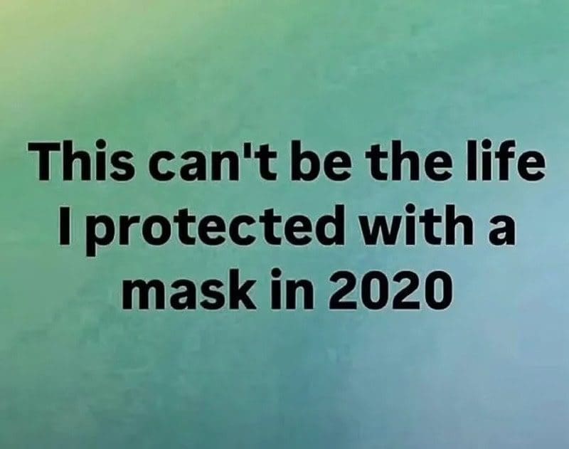 Text meme on a teal background questioning the life protected with a mask in 2020.