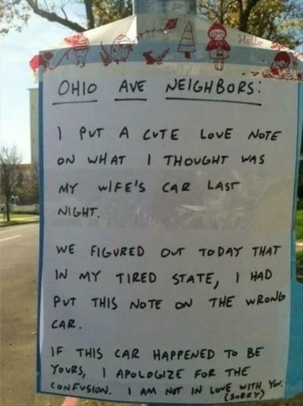 Public sign to Ohio Ave neighbors apologizing for a love note left on the wrong car.